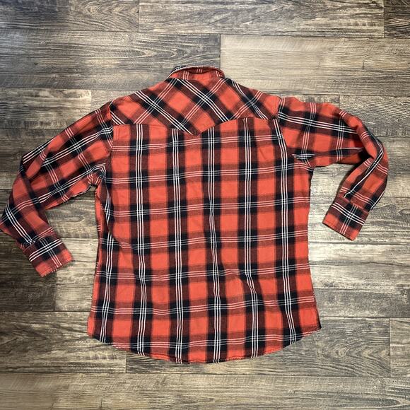 Wrangler Wrancher Western Flannel Shirt Mens XLT Red Plaid Pearl Snap Cowboy Vtg - Picture 6 of 6